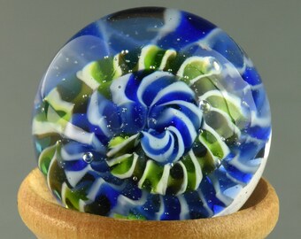 Marble - Flameworked Glass on Wooden Stand - Cobalt and Sage Green Spirals