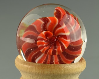 Marble - Flameworked Glass on Wooden Stand - Dark and Light Red Spiral
