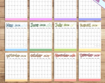 Maandkalender 2026, ongevoerd, kleurrijk, afdrukbaar (digitale download)