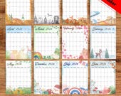 2026 Printable Holiday Themed Watercolor Calendar, Unlined, 8.5x11 & A4, Calendar Bundle, 12 Printable Months, Instant Digital Download