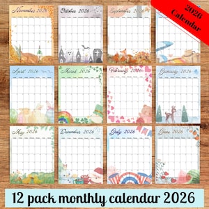 May include: A set of 12 printable monthly calendars for the year 2026. Each calendar features a different illustrated design with a seasonal theme. The calendars are blank and ready to be filled in with dates and appointments.