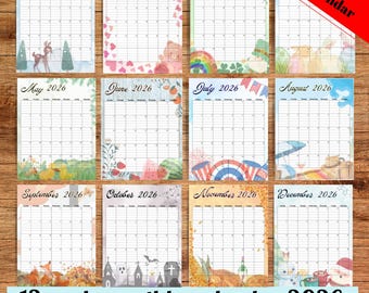 Calendario de acuarela festivo 2026, planificador mensual imprimible con líneas (descarga digital)