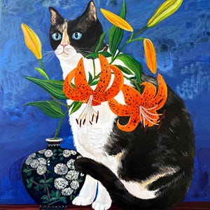 May include: A painting of a black and white cat with blue eyes sitting next to a dark blue vase decorated with white flowers. Bright orange tiger lilies with dark spots emerge from the vase. The background is a textured deep blue wash.