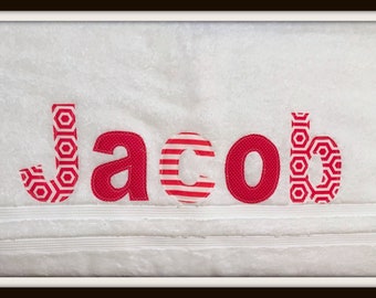 Personalized Bath Towel - Fabric Letter Appliques', red letters, white towel, birthday, beach, personalized gift, summer camp, beach