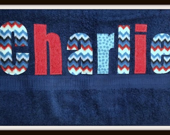 Personalized Bath Towel - Fabric Letter Appliques', red, white,  letters, navy towel, birthday, beach, personalized gift, summer camp, beach