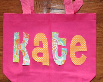 Girls Personalized Name Applique Tote  - kids book bag girls library school custom birthday gift idea wedding flower girl beach purse