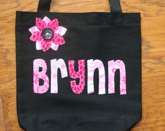 Personalized Travel Tote with flower applique - kids book bag girls library school custom birthday gift idea wedding flower girl beach purse