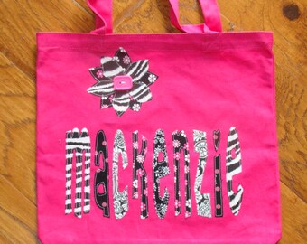 Large Personalized Tote with Flower Applique - kids girls book bag pink zebra stripe custom birthday gift idea wedding party flower girl