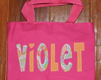 Girls Personalized Name Applique Tote  - kids book bag girls library school custom birthday gift idea wedding flower girl beach purse