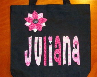 Large Personalized Tote with flower applique - kids book bag girls library school custom birthday gift idea wedding flower girl beach purse