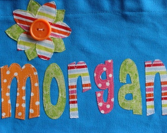 Large Personalized Tote with flower applique - kids book bag girls library school custom birthday gift idea wedding flower girl beach purse
