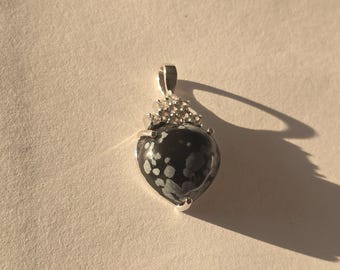 Natural Snowflake Obsidian 925 Silver Pendant – 17.65 CT - No Treatment - Heart Cut - Cabochon