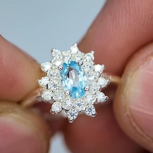 Size 5 Natural Blue Zircon Ring in Rhodium-Plated 925 Silver – Oval Cut | Elegant December Birthstone Jewelry Gift - Gift For Her