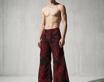 Gothic Rot und Schwarz Acid Wash Flare Jeans - Cyberpunk Streetwear Hose - Punk Rock Alt Mode - Denim Unisex Ästhetik mit weitem Bein