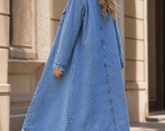 Lang spijkerjack dames, lange spijkerjas, blauwe jeansstof, spijkergeul, oversized spijkerjasje, casual streetwear