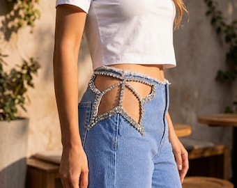 Crystal Cut-Out Wide Leg Jeans | Embellished Rhinestone Hip Denim | High-End Streetwear Light Wash Pants | Y2K  Palazzo Jeans- Limited Stock