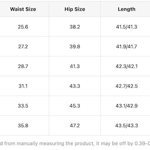 May include: A white table of clothing size measurements, including waist, hip, length, and inseam in inches. Sizes range from XS to XXL. The text at the bottom states that the data may be off by 1-2 cm.