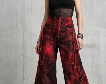 Gothic Red and Black Acid Wash Flare Jeans - Cyberpunk Streetwear Trousers - Punk Rock Alt Fashion - Wide Leg Denim Unisex