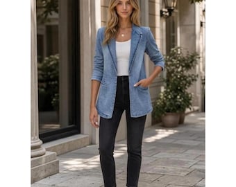 Helle Wasch-Denim-Blazer-Jacke, lässiger, taillierter Jeansmantel, Business-Oberbekleidung