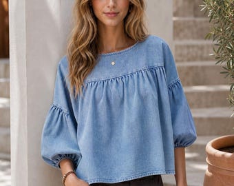 Damesdenim boerentop, spijkerblouse met pofmouwen, losvallend jeansshirt, casual denimtuniek, boho-denimtop voor dames