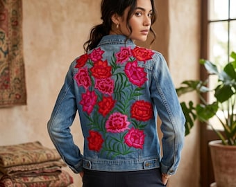 Handgemaakt Mexicaans spijkerjack met bloemen, geborduurd jeansjack voor dames, boho-festivaljas