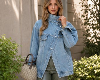 Dames vintage gewassen hoge hals asymmetrische knoop los spijkerjasje, streetstyle fashion veelzijdige jastop