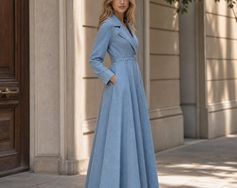 Lange denim maxi-jurk dames, vintage geïnspireerde spijkerjurk, elegante a-lijn jeanjurk, bescheiden spijkerjurk voor dames