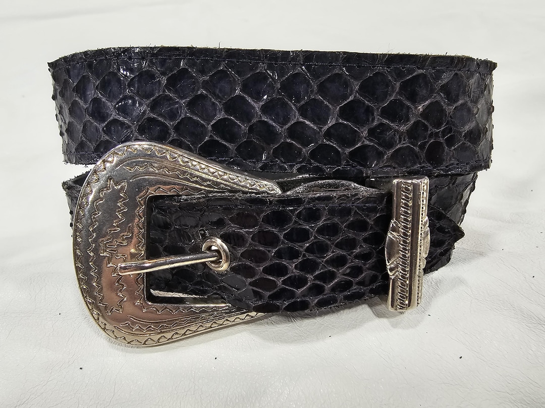 Handmade Navy Snakeskin Leather Belt, Silver Buckle, Western  display picture 1