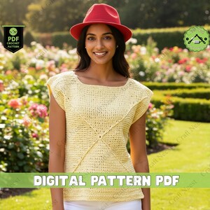 May include: A woman wearing a light yellow crochet top and a red hat, standing in a garden. The top has a square neckline and a geometric design. The image includes the text "DIGITAL PATTERN PDF".