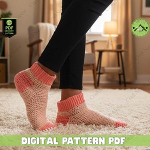 May include: Crocheted socks in shades of peach and cream, with a ribbed cuff and heel. The socks are shown on a person's feet, with the text "DIGITAL PATTERN PDF" at the bottom. The socks are on a fluffy, cream-colored rug.