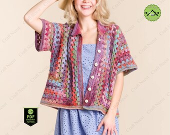 [RONRON] CROCHET SQUARE OVER FIT Tシャツ★新作・24AW★韓国★ Relaxagon Crochet Shirt Pattern Crochet Button Shirt Granny