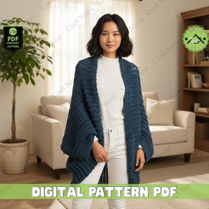May include: A woman wearing a dark teal, open-front crochet cardigan. The cardigan is a chunky knit with wide sleeves. The words "DIGITAL PATTERN PDF" are at the bottom of the image. A "PDF CROCHET PATTERN" logo is in the upper left corner.