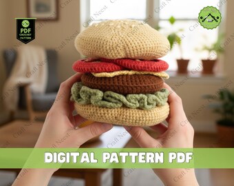 Cheeseburger Crochet Plushie Pattern, No Sew Amigurumi (PDF)