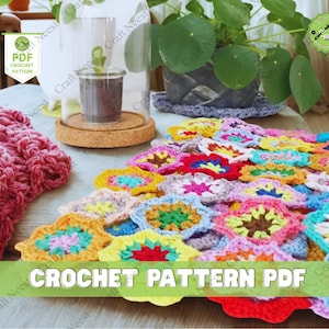 Coperta di fiori estivi all&#39;uncinetto, modello quadrato della nonna con fiori, modello afgano, coperta floreale all&#39;uncinetto, modello PDF di Sunshine Design di Hooked on