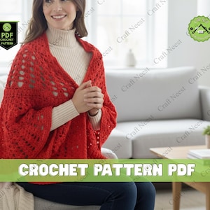 May include: A woman wearing a red crochet shawl over a cream-colored turtleneck. The shawl has an open, lacy design. The image includes the text "CROCHET PATTERN PDF" in a green banner. A green logo with the text "Craft Neest" is also visible.