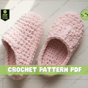May include: A pair of light pink crochet slippers. The slippers are made with a thick yarn, featuring a textured stitch pattern. The image includes text that reads "CROCHET PATTERN PDF".