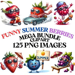 Lustige Sommer Beeren Clipart Bundle, 125 Frucht Grafiken, Beere Png, süße Früchte Clipart, Sommer Grafiken, Digital Download Bild, Aquarell