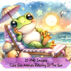 Paquete de imágenes prediseñadas de animales marinos de verano, 20 gráficos de verano, playa PNG, lindos animales bajo el sol, gráficos marinos, acuarela, uso comercial.