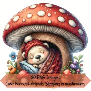 Pilz Tiere Clipart-Bundle, 20 Tiergrafiken, Pilz Png, süße Tiere, die in Pilzen schlafen, Clipart, Waldgrafik, Aquarell.