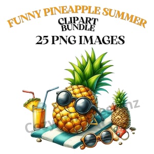 Grappige zomerananas clipartbundel, 25 fruitgraphics, ananas png, cute fruit clipart, zomergraphics, piña, l'ananas clipart.