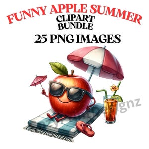 Funny Summer Apple Clipart Bundle, 25 Fruit Graphics, Apple Png, Cute Fruits Clipart, Summer Graphics, Cool Apples Clipart, Watercolor.