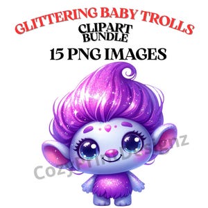 Pode incluir: Um bebê troll roxo e azul com cabelo brilhante de glitter e um grande sorriso. O troll tem grandes olhos azuis e um nariz rosa. A imagem faz parte de um pacote de clipart com 15 imagens PNG.