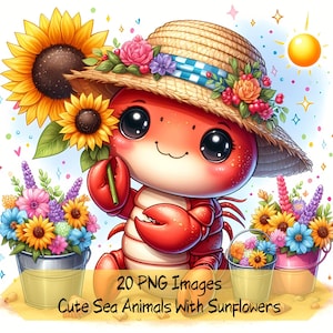 Sonnenblumen Tiere Clipart Bundle, 20 Sommer Blumen Grafiken, Sonnenblume Png, süße Meerestiere Clipart, Strand Grafiken, mit kommerzieller Nutzung.