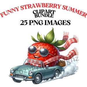 Pacchetto di divertenti clipart estive di fragole, 25 grafiche di frutta, PNG di fragole, clipart di frutta carina, grafiche estive, clipart di fragole fantastiche.