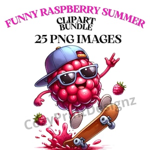 Lustiges Sommer Himbeere Clipart-Bundle, 25 Fruchtgrafiken, Himbeere Png, süße Früchte Clipart, Sommergrafiken, coole Himbeeren Clipart.