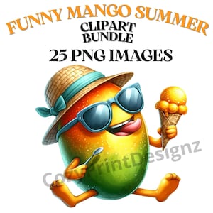 Lustiges Sommer Mango Clipart Bundle, 25 Fruchtgrafiken, Mangos Png, süße Früchte Clipart, Sommergrafiken, coole Mangoes Clipart, Aquarell.
