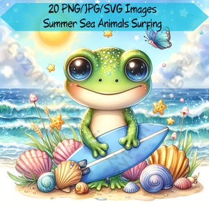 Summer Sea Animals Surfing Clipart Bundle, 20 Summer Graphics, Beach Png, Cute Animals Surf Graphics, Watercolor, Sublimation Sea Creatures
