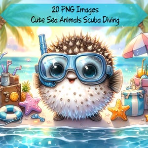 Tauchertiere Clipart-Bundle, 20 Sommer Grafiken, Taucherausrüstung Png, süße Meerestiere Clipart, Strandgrafiken, Aquarell, kommerzielle Nutzung.