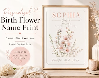 Stampa personalizzata con nome e fiore di nascita, decorazione murale floreale personalizzata (download digitale)