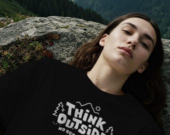 Think Outside No Box Required hiking sweatshirt | Embroidered Nature Lover Crewneck, Camping sweatshirt, Cool hiking quote